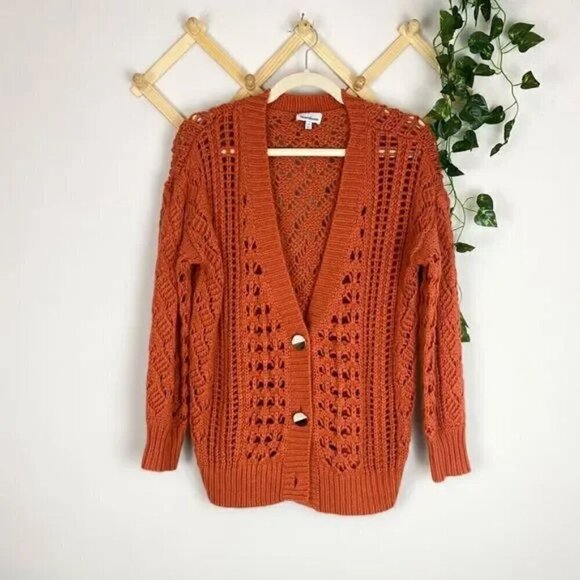 Heartloom Chunky Open Knit Burnt Orange Pearl Buttons Oversized Cardigan - Picture 2 of 9